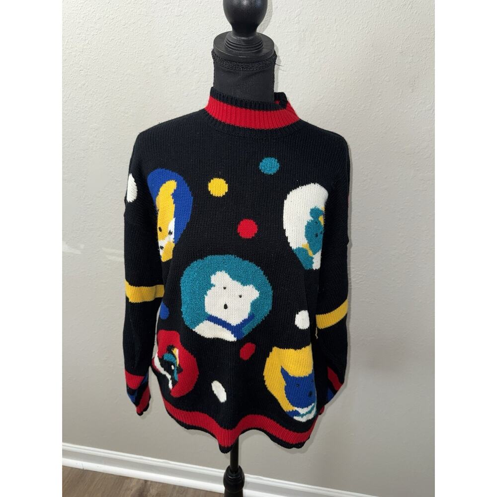 VTG Whimsical Teddy Bear Knit Sweater Black Mock Neck Cottagecore Kitschy XL